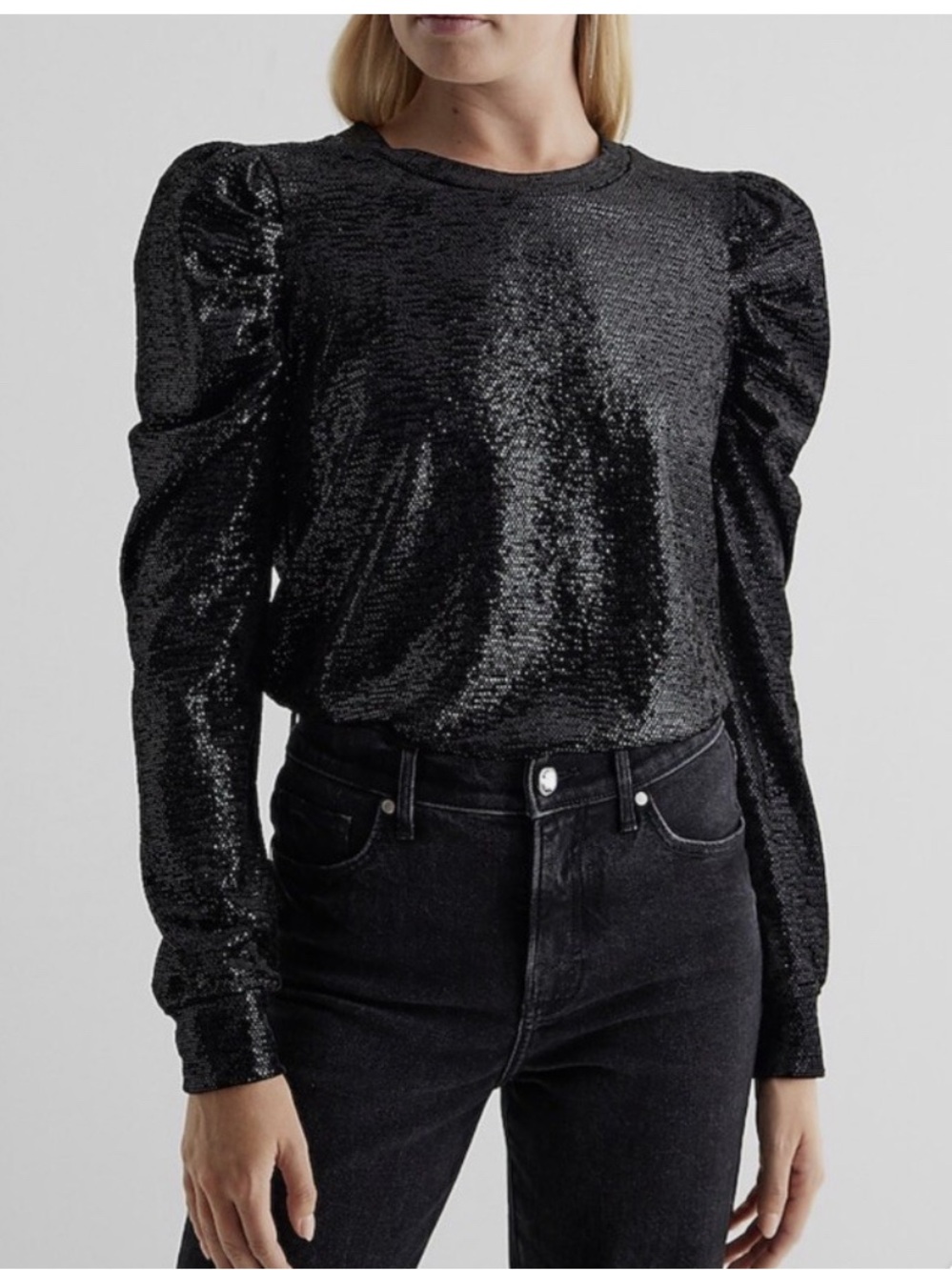 Express Black Sequin Puff-Sleeve Crewneck Top (strech)
